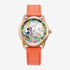 The Minnie Gardening watch from Citizen's Disney collection shows her watering her colorful, overflowing garden filled with bright blossoms and butterflies. The exclusive artwork is showcased on a 3-hand date watch featuring a silver-tone dial accented by three diamond markers and a spherical mineral crystal on an elegant rose gold-tone stainless steel case. The happy coral-colored leather strap is the perfect complement to the floral-design dial. Water resistant to 30 meters and powered by Citi Rose Tone, Citizen Watch, Citizen Eco, Leather Strap Watch, Eco Drive, Mickey Mouse And Friends, Orange Leather, Colored Leather, Steel Watch