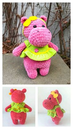 crocheted teddy bear in green and pink outfit with yellow flower on head, standing next to tree