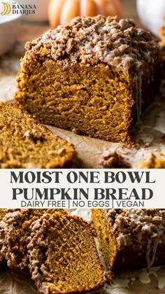 pumpkin bread with frosting on top is cut into pieces and has the words moist one bowl pumpkin bread dairy free in less vegan