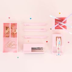 Blush pink desk set displayed on white surface. Gold colored accent stationary displayed inside organizers. Pink Desk Set, Desk Necessities, Pink Office Supplies, Stationary Desk, Pink Vibe, Cute Supplies, Gift For Architect, Office Supplies Desk Accessories, Class Gifts