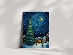 a painting of a night scene with a christmas tree