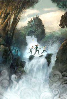 two people jumping over a waterfall in front of a castle