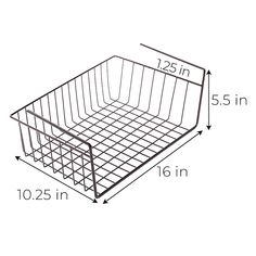 a wire basket is shown with measurements for the top and bottom section, as well as its width