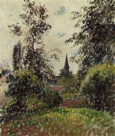 a painting of trees and grass in front of a church steeple on a hill