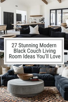 a living room with black couches and lots of pillows on top of the couch