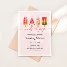 a watermelon popsicle birthday party card with the words ready to pop on it