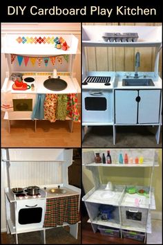 diy cardboard play kitchen made from an old toy stove and oven with lots of storage space