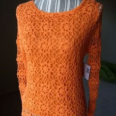 Sag Harbor Orange Thick Knit Crochet Top Fitted Crochet Knitted Top For Spring, Spring Stretch Crochet Top, Spring Orange Fitted Crochet Top, Spring Orange Crochet Top, Spring Fitted Orange Crochet Top, Fitted Orange Crochet Top For Spring, Spring Crochet Orange Tops, Knit Crochet Top, Thick Crochet