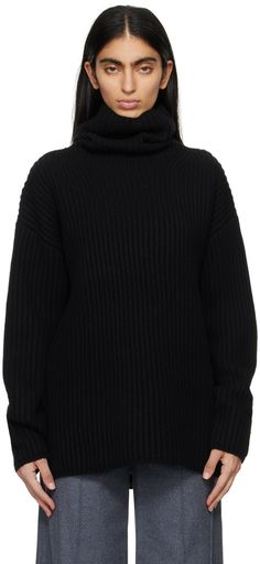 Heavyweight rib knit RWS-certified merino wool turtleneck. · Vent at side seams · Dropped shoulders Supplier color: Black Black Ribbed Turtleneck For Winter, Black Ribbed Turtleneck For Fall, Black Merino Wool Turtleneck For Fall, Fall Black Turtleneck With Ribbed Neckline, Black Knit Sweater Turtlenck, Black Stretch Fine Knit Turtleneck, Black Cashmere Turtleneck Sweater, Luxury Black Cashmere Turtleneck, Joseph Clothing