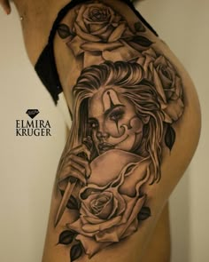 an image of a woman with roses on her arm and shoulder, done by elura kruger