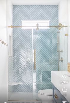 a bathroom with a glass shower door and white toilet next to a walk in shower