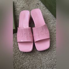 Gucci Rubber Women's Slide Sandal - Size 38 Condition: Like New; Never Worn Authentic. Comes With Box And One Dust Bag Luxury Pink Sandals With Padded Heel, Gucci Block Heel Summer Heels, Gucci Block Heels For Summer, Summer Gucci Block Heels, Designer Pink Sandals With Padded Heel, Pink Flat Sandals For Evening, Luxury Pink Block Heel Shoes, Luxury Pink High Heel Sandals, Luxury Pink Block Heel Heels