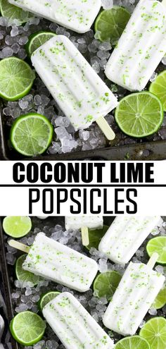 coconut lime popsicles on top of ice with lime slices