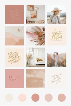 a collage of photos with pink, peach and gold colors on it's sides