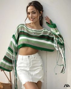 Zlily - Rainbow Striped Tassel Knit Sweater: Sexy Short Crop Top with Loose Fit Casual Knit Top With Fringe, Casual Green Tops With Tassels, Spring Knit Top With Fringe, Casual Fringe Crop Top For Spring, Casual Knit Sweater With Tassels, Dressing Style, Crop Top And Shorts, Neck Crop Top, Rainbow Stripes