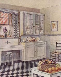 a drawing of a kitchen with black and white checkered flooring on the walls