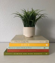 three books stacked on top of each other next to a potted plant and wall