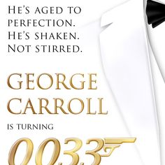 the poster for george garroll's 003 is shown in gold and white