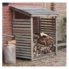 a pile of wood sitting next to a building