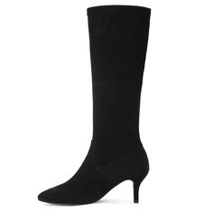 The Saint Jemima black stretch suede knee high boot is a luxury that cleverly combines a stylish youthful outlook. These knee high boots have a black stretch suede upper and a pointed toe to add a touch of style to your everyday look. Made from the finest materials and finished with trending design details. Features a covered stiletto heel, stitching details with paneled finish. complete with leather lining, padded leather footbed with stamped logo and tunit sole. The height of the Boot is- 45.7 Suede Knee-high Boots For Work, Fitted Knee-high Boots For Work, Fitted Black Mid-calf Boots With High Shaft, Fitted Suede Knee-high Boots For Work, Wide Calf Suede Mid-calf Heeled Boots, Elegant Winter Mid-calf Boots, Fall Suede Knee-high Boots With Pointed Toe, Suede Knee-high Boots With Pointed Toe For Fall, Fitted Suede Mid-calf Boots For Work