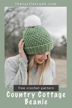 Women standing outside wearing a green, crochet beanie with white pom pom. Crochet Pattern Winter Hat, Quick Hat Crochet Pattern, Crochet Hat Pattern Size 3 Yarn, Crochet Hats With Bulky Yarn Free Pattern, Family Crochet Hats, Ladies Crochet Hat, Crochet Ladies Beanie Free Pattern, Womans Crochet Hat Pattern Free, Crochet Wool Beanie Pattern Free