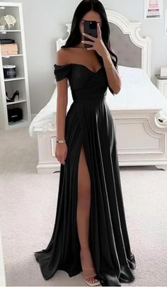 Off Shoulder Satin A-line Slit Prom Dress Long Ruched Formal Evening Gowns Feature: off shoulder prom dress, ruched, v neck, A-line, high side slit, lace up back, pleated satin, floor length. Classy Prom, Black Dresses Classy, Classy Prom Dresses, Stunning Prom Dresses, Looks Party, Prom Dress Inspiration, Cute Prom Dresses, Pretty Prom Dresses, Prom Outfits