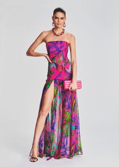 Nicole Silk Chiffon Dress – Retrofete Sirens Fashion, Floral Tube Top, Vacation Maxi Dress, Tropical Maxi Dress, School Outfit Women, Strapless Dresses, Print Chiffon Dress, Backless Maxi Dress, Sheer Skirt