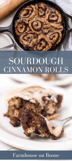 a close up of a piece of cake on a plate with the words sourdough cinnamon rolls