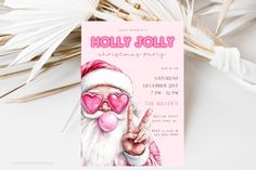 a pink christmas party card with santa clause holding up a peace sign and wearing sunglasses