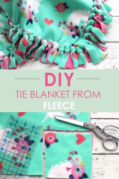 the diy tie blanket from fleece is shown with scissors and fabric on it