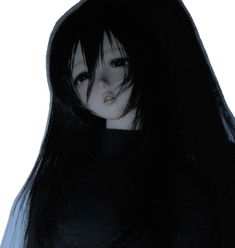 a doll with long black hair wearing a hoodie