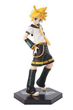 a figurine is standing on top of a black and white base with yellow accents