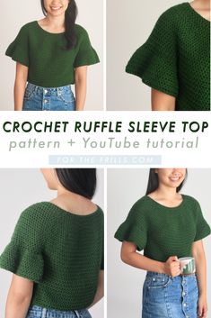 the crochet ruffle sleeve top pattern is shown in three different views, and it