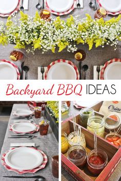 a collage of photos showing different types of dishes and utensils, with the words backyard bbq ideas on them