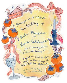 a watercolor drawing of an orange themed wedding card with the words, please you to celebrate the wedding of your mountain and lake california