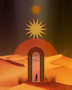 a man walking across a desert under a star