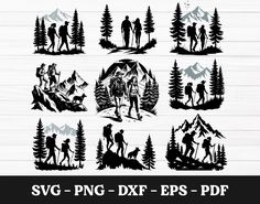 the silhouettes of people and animals in the woods with mountains, trees, and rocks