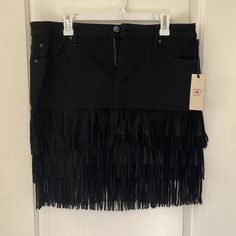 Super Cute Black Denim Skirt! Brand New With Tags Never Worn. Edgy Black Skirt With Frayed Hem, Chic Black Skirt With Frayed Hem, Chic Black Cutoff Skirt, Night Out Skirts, Black Denim Skirt, Denim Skirt Women, Brown Skirts, Sequin Mini Skirts, Fringe Skirt