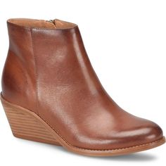 With a sculpted wedge heel and hand-finished Italian leathers, this bootie is a work of art. Sofft Shoes, Shoes And Boots, American Brand, Comfortable Boots, Stitching Leather, Leather Pulls, Dillard's, Stacked Heel, Boot Shoes Women