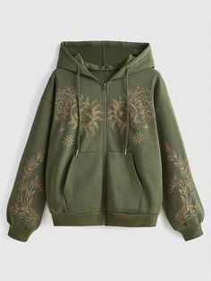 Sun & Leaf Graphic Zip Up Drawstring Thermal Lined Hoodie, School Green Casual  Long Sleeve Knitted Fabric Graphic Zip Up Slight Stretch  Women Clothing, size features are:Bust: ,Length: ,Sleeve Length: Hippie Sun, Leaf Graphic, Hippie Hoodie, Lined Hoodie, Really Cute Outfits, Dream Clothes, Grunge Outfits, Fashion Online Shop