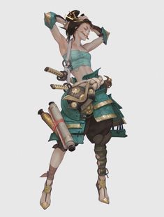 a woman dressed in green and gold is dancing with her hands on her hips while holding two swords