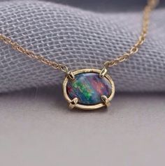 14k solid gold opal necklace firey opal multicolor opal Gold Opal Necklace, White Sapphire Necklace, Peacock Jewelry, Necklace Opal, Solid Gold Necklace, Yellow Gold Setting, Stone Setting, Australian Opal