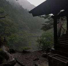 a view of the mountains and water from a cabin in the woods on a foggy day