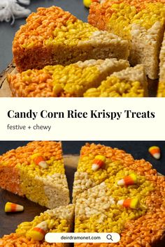 candy corn rice krispy treats on a wooden platter with the text, candy corn rice krispy treats festive + chewy