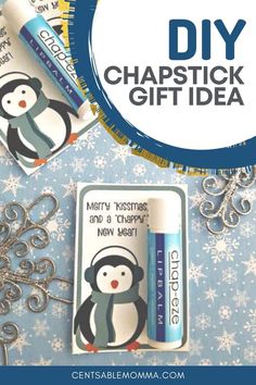 penguin and penguinie christmas gift idea with text overlay that reads diy chapstick gift idea