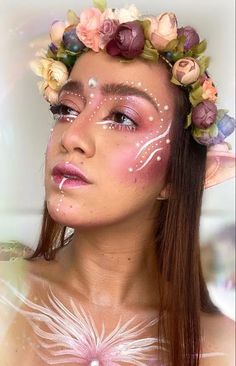 33 Absolutely Magical Fairy Makeup Ideas To Recreate At Home Fairy Body Makeup, Fairy Inspo Makeup, Fairy Face Paint Women, Ren Faire Face Paint, Spring Fantasy Makeup, Nature Fairy Makeup Ideas, Spring Goddess Makeup, Elfish Makeup, Enchanted Forest Makeup Ideas