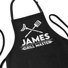 an apron with the name james's grill master on it and a spatula