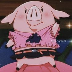 a cartoon pig wearing a pink dress and holding a black object in its hand with the caption manatastux