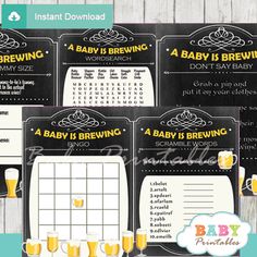 baby is brewing game with beer glasses on it and the words baby is brewing written in yellow