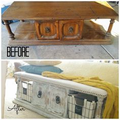 an old coffee table turned into a bench with storage underneath it and the words upholstered bench from a coffee table before and after